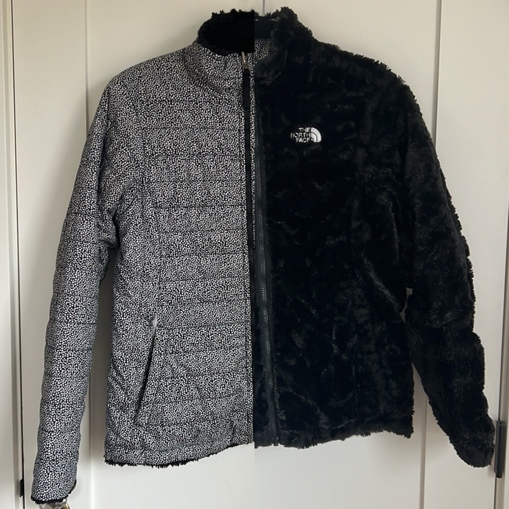 🛍️ The North Face Mossbud reversible girls jacket XL (18) black faux fur dot - Picture 4 of 9